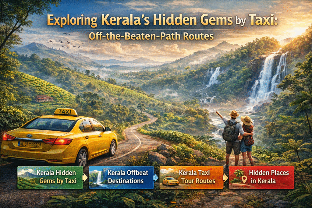 Scenic Kerala landscape with waterfalls, hills, and a yellow taxi on a winding road, promoting hidden gems and offbeat taxi tour routes in Kerala.