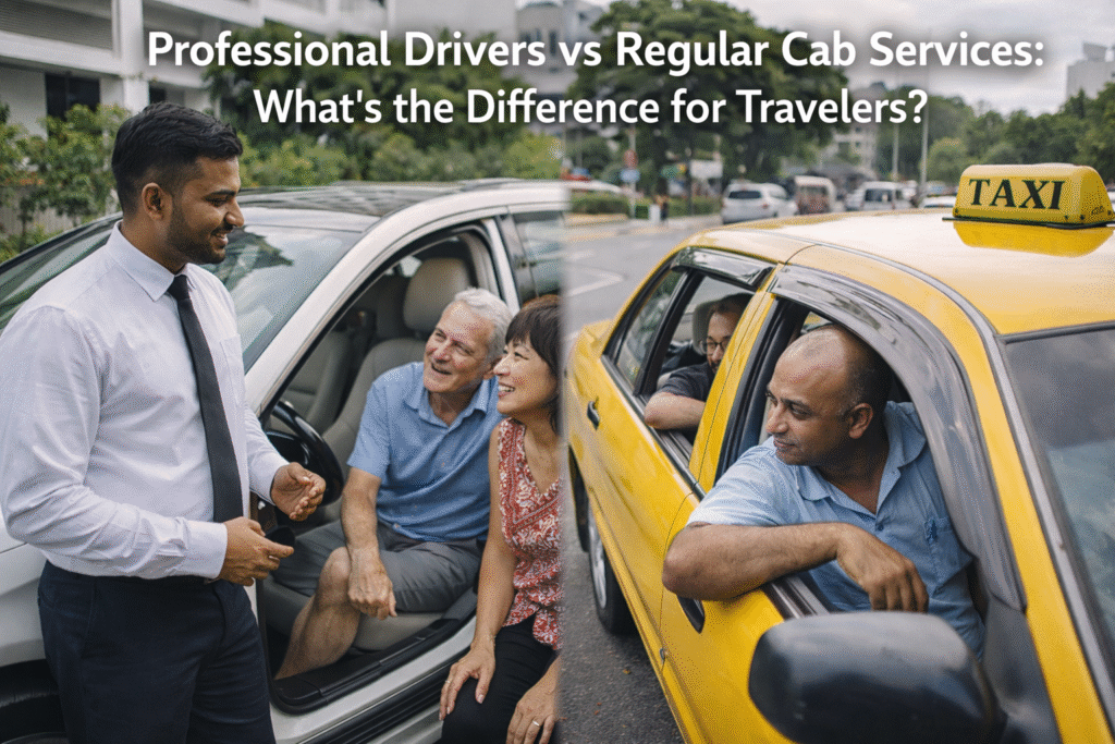 Professional Drivers vs Regular Cab Services: What’s the Difference for Travelers? comparison image showing a professional chauffeur assisting tourists and a regular taxi driver in a yellow cab.