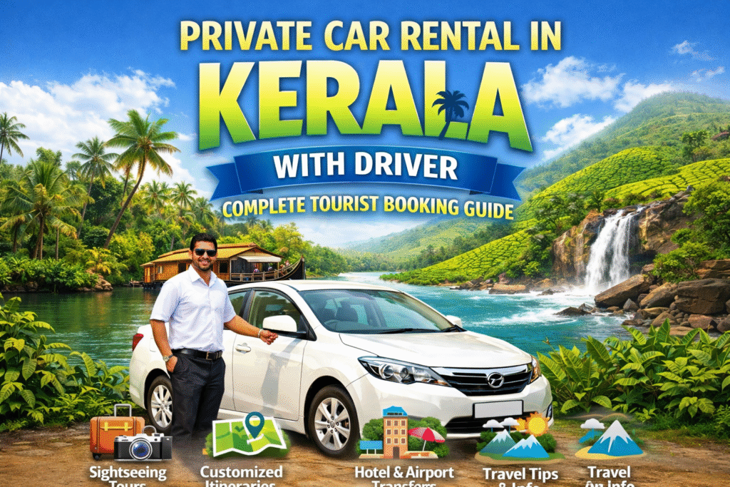 Private car with driver in Kerala scenic landscape featuring waterfalls, backwaters, and greenery, representing car rental services for sightseeing and travel.