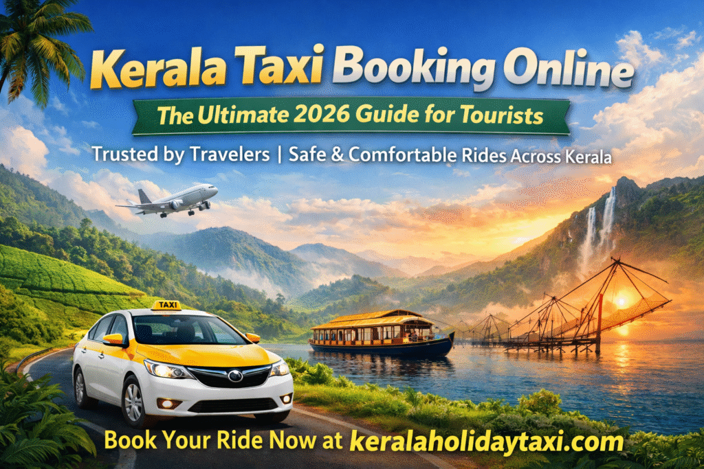 Kerala taxi booking online advertisement showing a yellow taxi on a scenic road with backwaters, houseboat, Chinese fishing nets, waterfalls, and lush green hills during sunset.