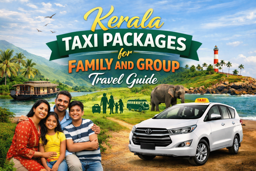 A happy Indian family of four sitting together, a white taxi, an elephant, a houseboat, and a lighthouse in the lush Kerala landscape, promoting taxi packages for family and group travel.