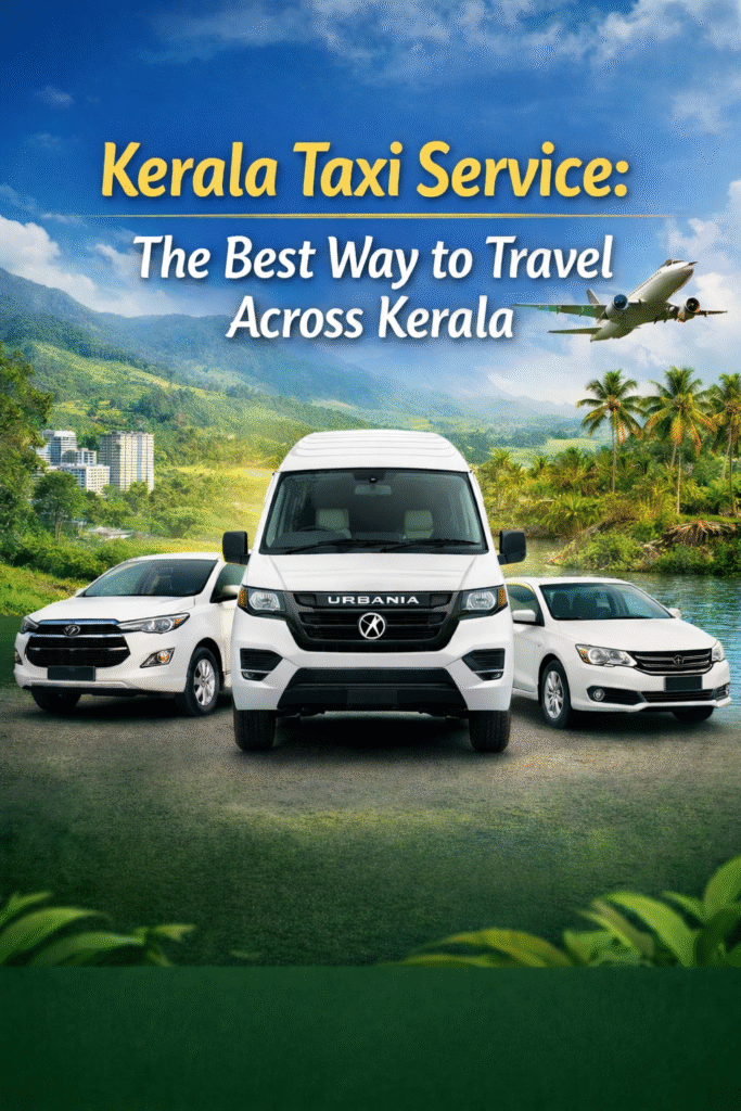 Kerala Taxi Service showcasing Urbania van and cars with scenic Kerala landscape highlighting the best way to travel across Kerala.