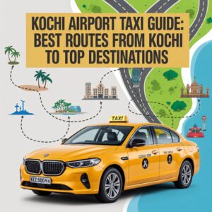 Kochi Airport Taxi Guide: Best Routes from Kochi to Top Destinations featuring a yellow taxi and illustrated travel routes across Kerala.