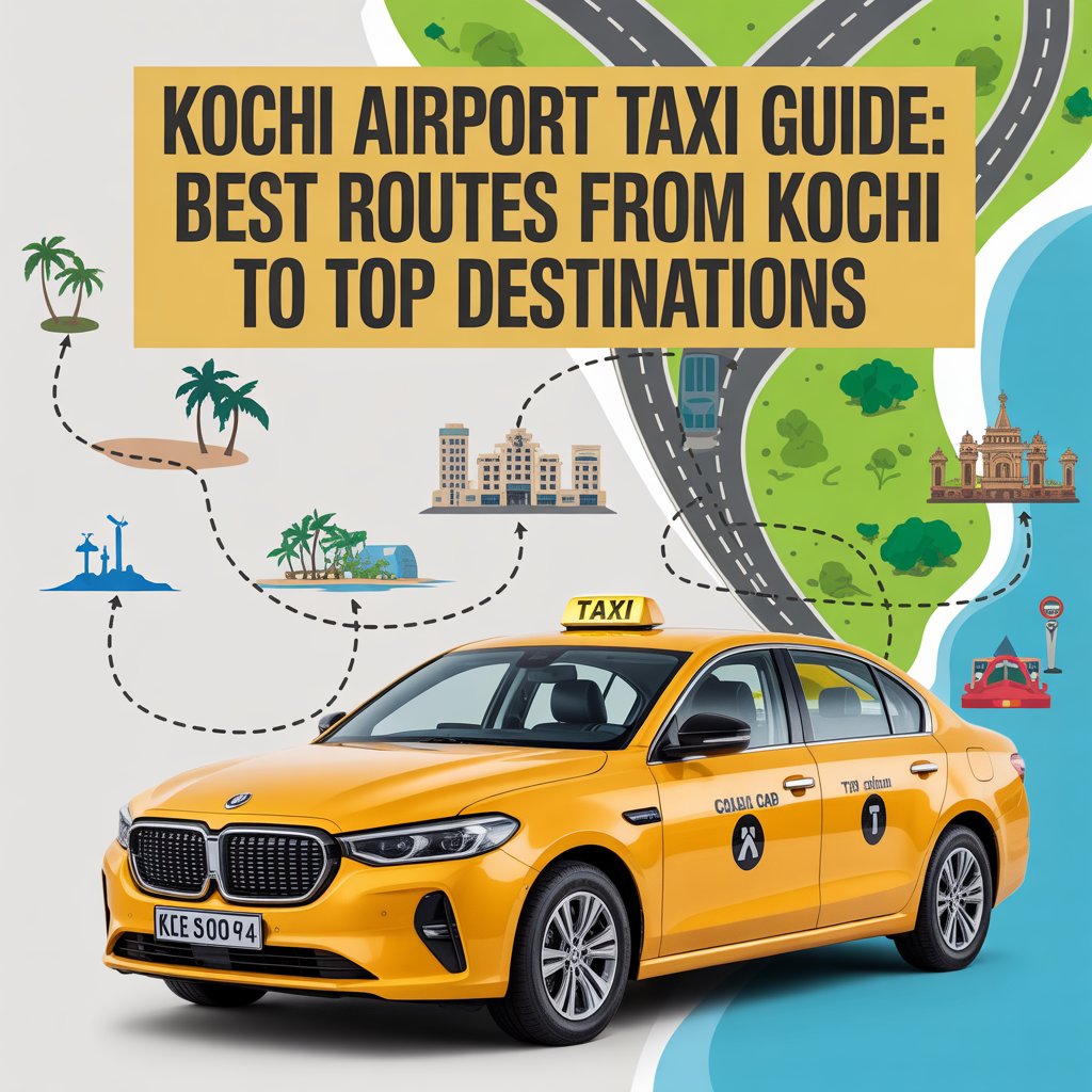 Kochi Airport Taxi Guide: Best Routes from Kochi to Top Destinations featuring a yellow taxi and illustrated travel routes across Kerala.