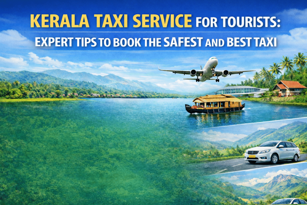 Kerala Taxi Service for Tourists promotional banner featuring backwaters, houseboat, airplane arrival, green hills, and a white taxi on a scenic highway.
