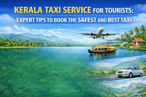Kerala Taxi Service for Tourists promotional banner featuring backwaters, houseboat, airplane arrival, green hills, and a white taxi on a scenic highway.