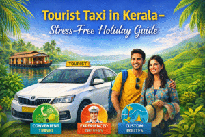 Tourist taxi in Kerala with a travel couple and car service for convenient sightseeing across Kerala tourist destinations.