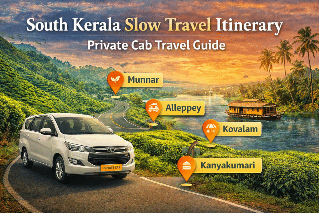 South Kerala slow travel itinerary with private cab showing scenic routes, beaches, and backwaters travel guide