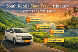 South Kerala slow travel itinerary with private cab showing scenic routes, beaches, and backwaters travel guide