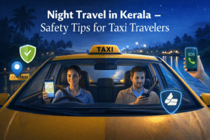 Nighttime taxi driving on a safe, well-lit road in Kerala with a focus on traveler safety.