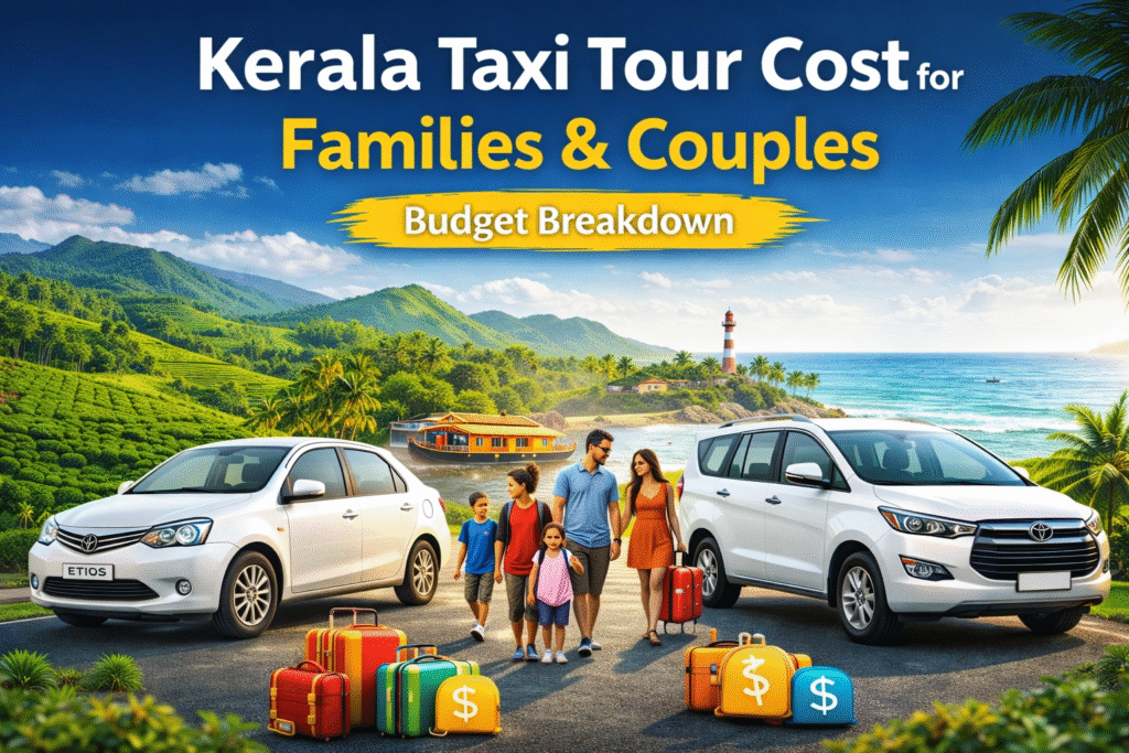 Kerala Taxi Tour Cost for families and couples showing sedans and SUV taxis, luggage, houseboat, lighthouse, beach, and scenic hills.