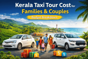 Kerala Taxi Tour Cost for families and couples showing sedans and SUV taxis, luggage, houseboat, lighthouse, beach, and scenic hills.