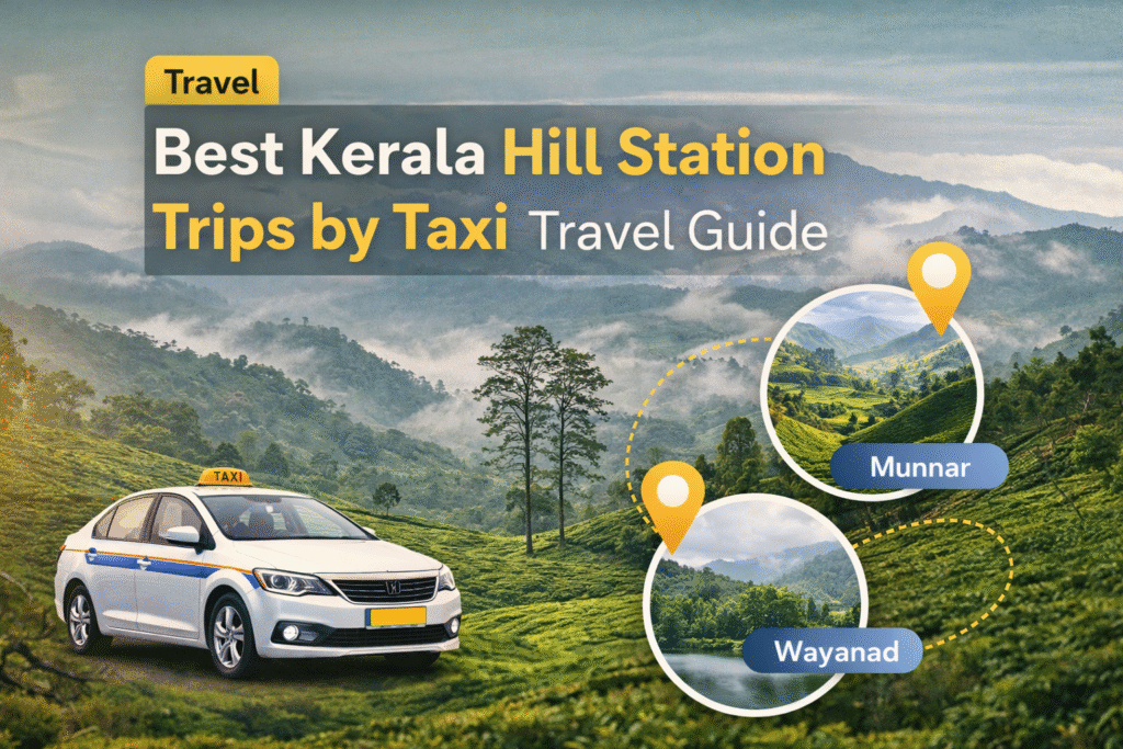 Best Kerala hill station trips by taxi travel guide showing Munnar and Wayanad scenic mountain routes