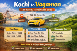 Kochi to Vagamon taxi travel route showing scenic hills, road journey, and Kerala landscape