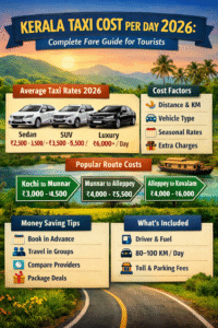 Kerala Taxi Cost Per Day 2026 fare chart showing sedan, SUV and daily taxi pricing for tourists in Kerala