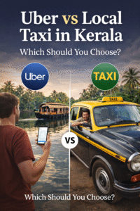 Uber car and local taxi traveling on a scenic Kerala road with palm trees and backwater landscape