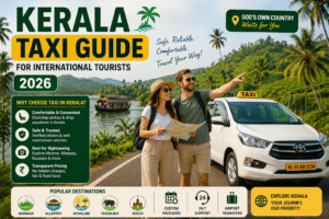 International tourists using taxi service in Kerala with scenic backwaters, airport pickup, and travel transport options