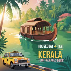 Houseboat plus taxi Kerala tour packages showcasing backwater houseboat experience and cab travel across Kerala destinations
