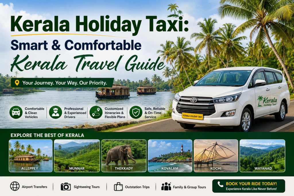Comfortable Kerala holiday taxi traveling through scenic backwaters, coconut trees, and beautiful tourist destinations in Kerala.