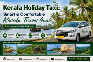 Comfortable Kerala holiday taxi traveling through scenic backwaters, coconut trees, and beautiful tourist destinations in Kerala.