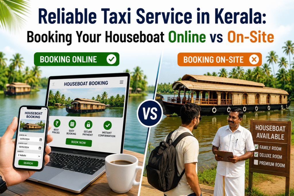 Reliable taxi service in Kerala helping travelers reach their houseboat, comparing online booking versus on-site booking options.