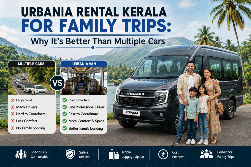 Family enjoying a comfortable Kerala road trip in a luxury Urbania rental van surrounded by scenic hills and greenery
