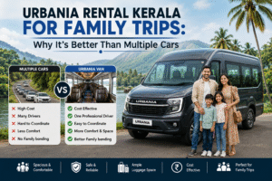 Family enjoying a comfortable Kerala road trip in a luxury Urbania rental van surrounded by scenic hills and greenery