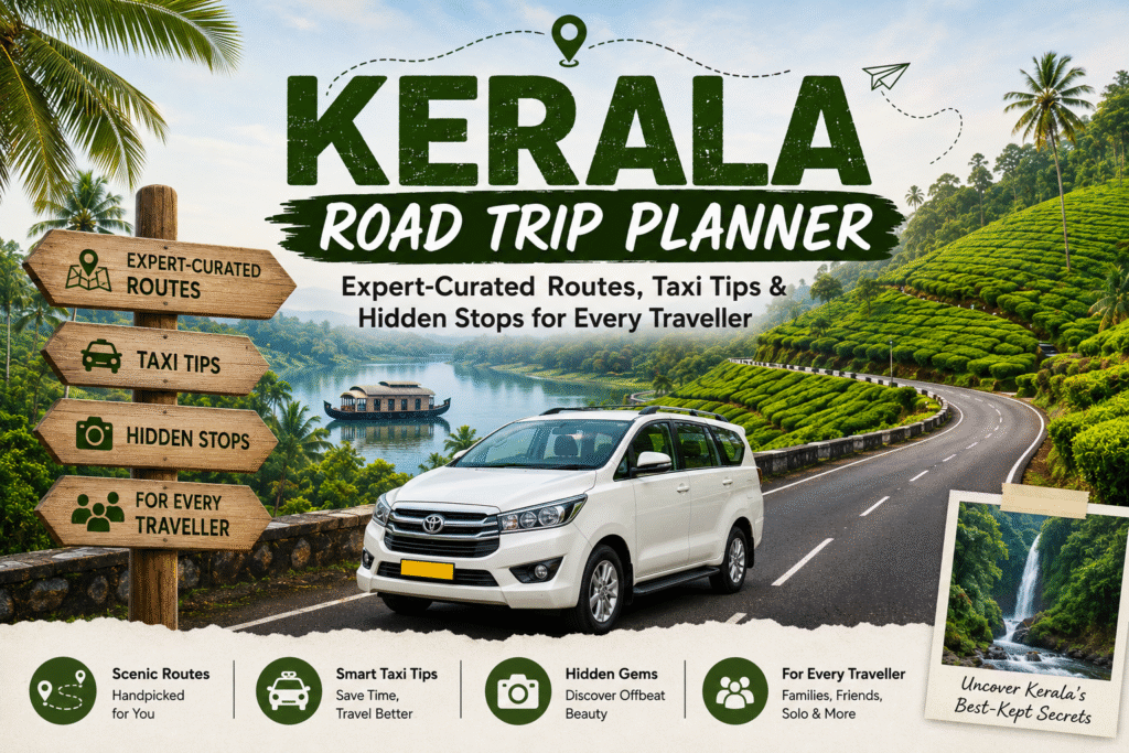 Kerala road trip planner image featuring scenic routes, taxi travel tips, hidden destinations, and a Kerala travel car on lush hill roads