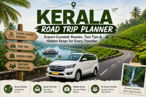 Kerala road trip planner image featuring scenic routes, taxi travel tips, hidden destinations, and a Kerala travel car on lush hill roads