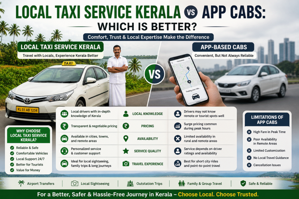 local taxi service Kerala vs app cabs comparison traditional taxi and ride sharing in Kerala