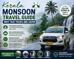 Kerala Monsoon Travel Guide visual showing a taxi traveling through lush green monsoon landscapes, emphasizing safe taxi tours in Kerala.