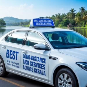 Comfortable long-distance taxi traveling through the scenic roads of Kerala with lush greenery, hills, and tourist destinations highlighting safe and affordable Kerala travel services.
