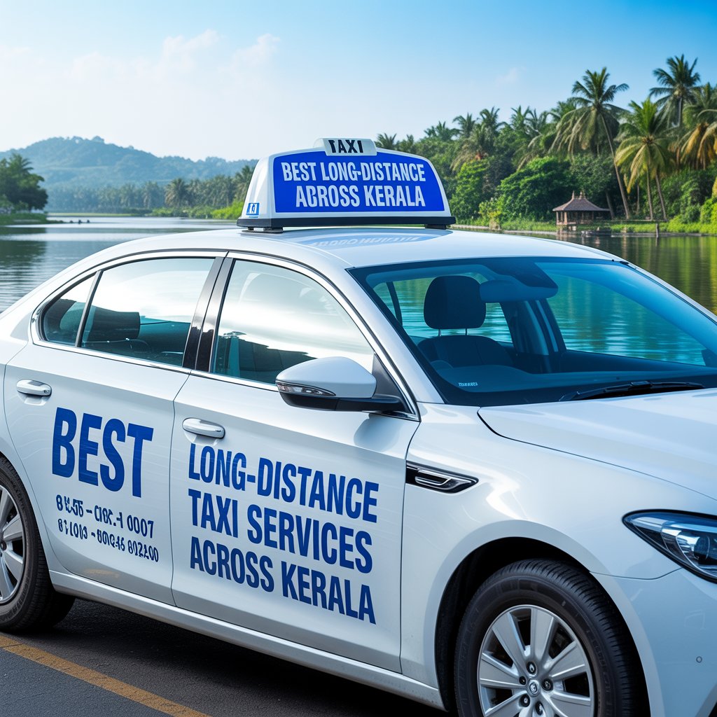 Comfortable long-distance taxi traveling through the scenic roads of Kerala with lush greenery, hills, and tourist destinations highlighting safe and affordable Kerala travel services.