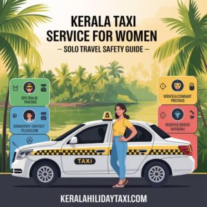 Woman traveler using a safe Kerala taxi service for secure solo travel across Kerala