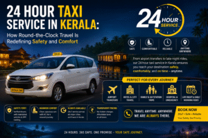 24-hour taxi service in Kerala featuring a modern taxi vehicle, scenic backwaters, and travel icons highlighting safety, comfort, reliability, and round-the-clock availability.